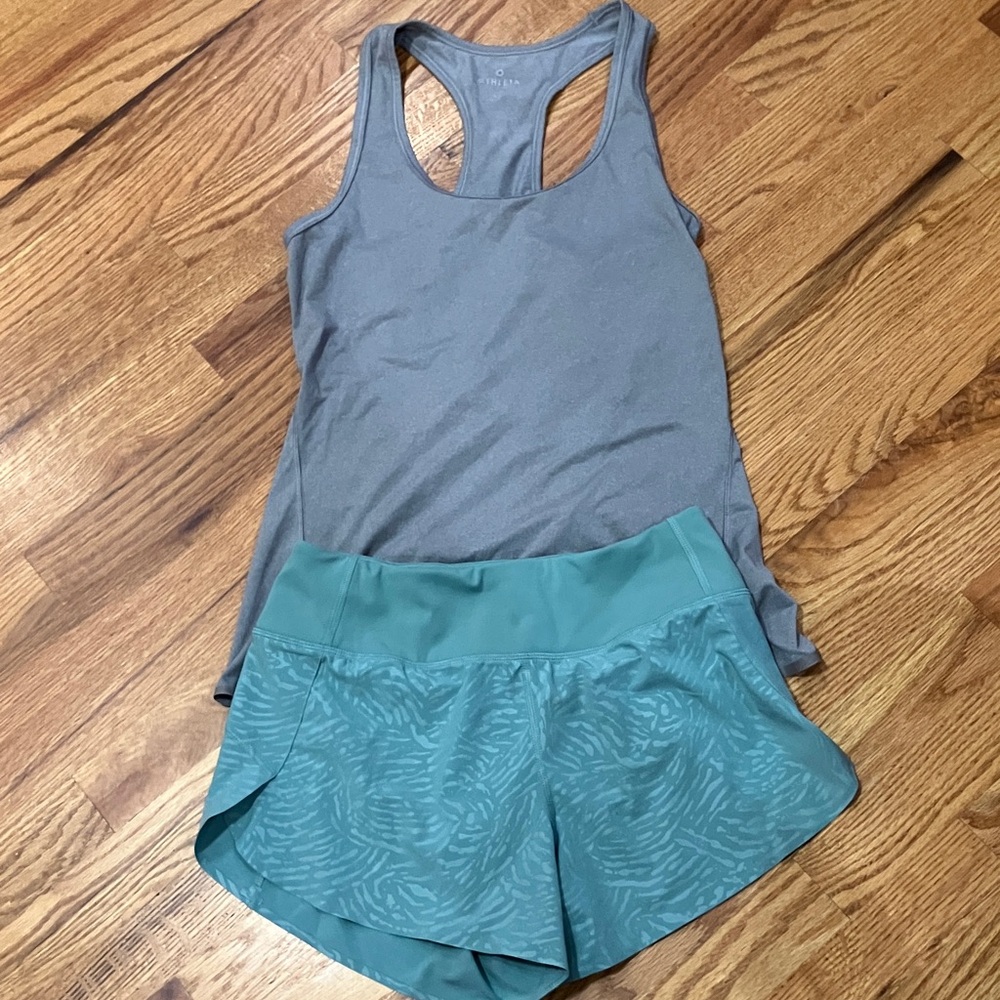 Athleta Gray Racerback Tank Top with Teal Athletic Shorts Sz XS EUC